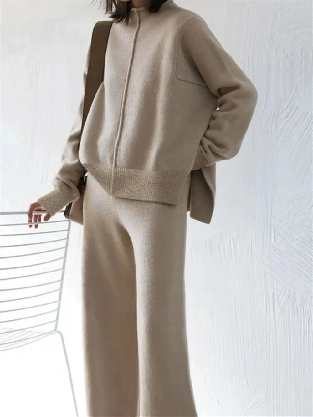 Beige Oversized Knit Loungewear Set