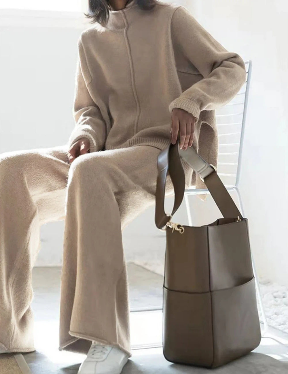 Beige Oversized Knit Loungewear Set