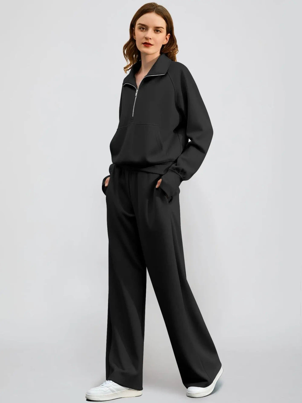 Solid Color Half Zip Loungewear Set