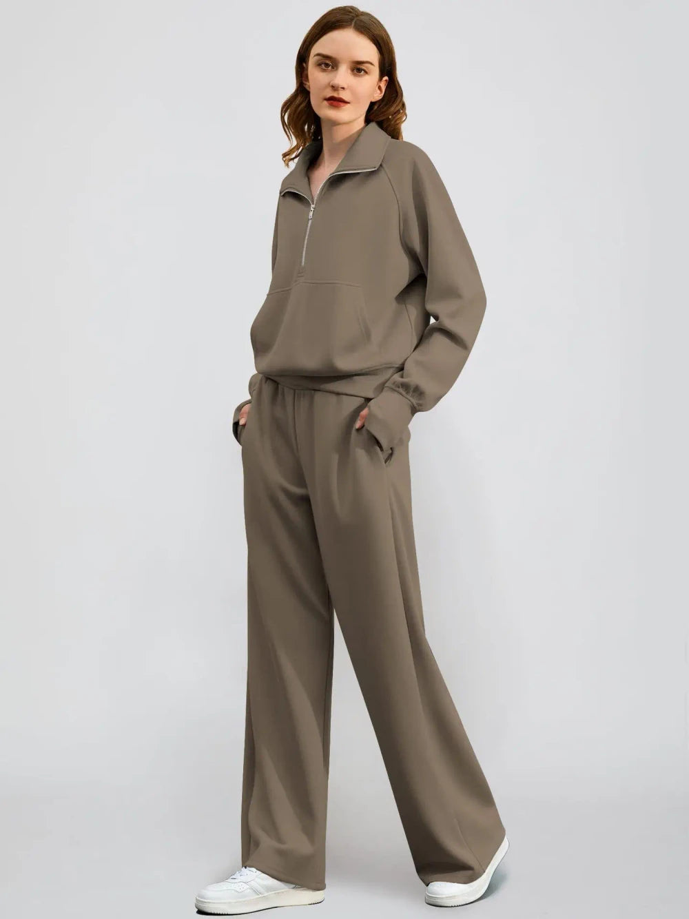Solid Color Half Zip Loungewear Set