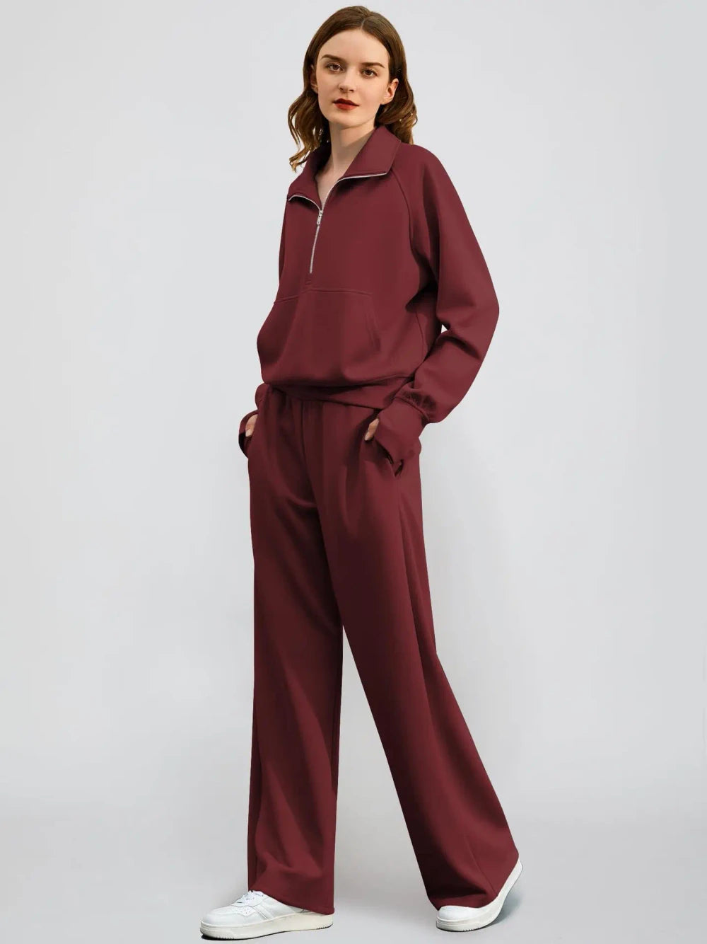 Solid Color Half Zip Loungewear Set